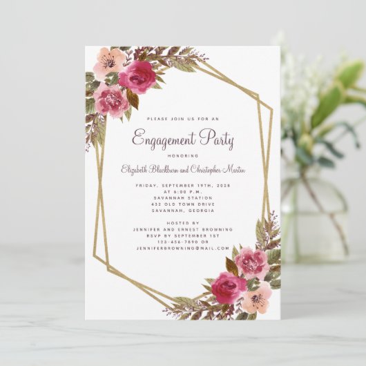 フローラエレガントカシスパープル金ゴールド婚約パーティ 招待状 (スタンド正面)