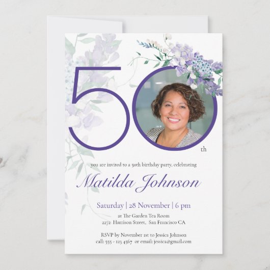 フローラエレガントカスタムパープルフォト50誕生日 招待状 (正面)