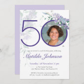 フローラエレガントカスタムパープルフォト50誕生日 招待状 (正面/裏面)