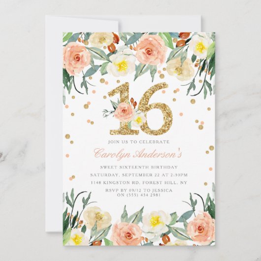 フローラエレガントガールズスウィート16誕生日招待状 招待状 (正面)