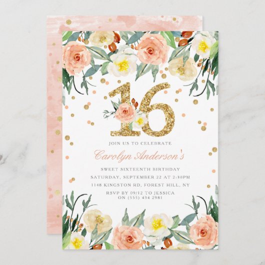 フローラエレガントガールズスウィート16誕生日招待状 招待状 (正面/裏面)