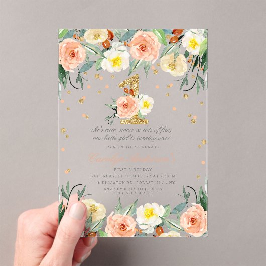 フローラエレガントガールズ1歳の誕生日 アクリル招待状 (インサイチュ (ポータブル))