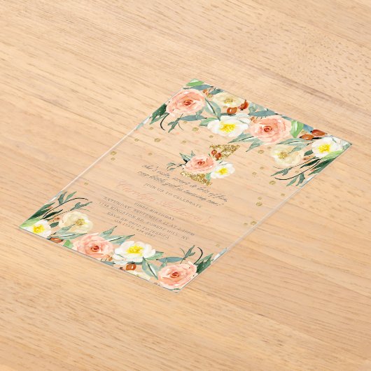 フローラエレガントガールズ1歳の誕生日 アクリル招待状 (レイダウン)