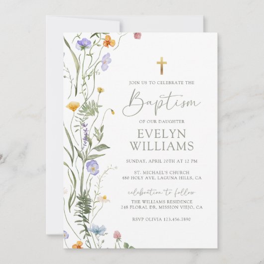 フローラエレガントガールバプテスマと《キリスト教》洗礼式や命名式写真 招待状 (正面)