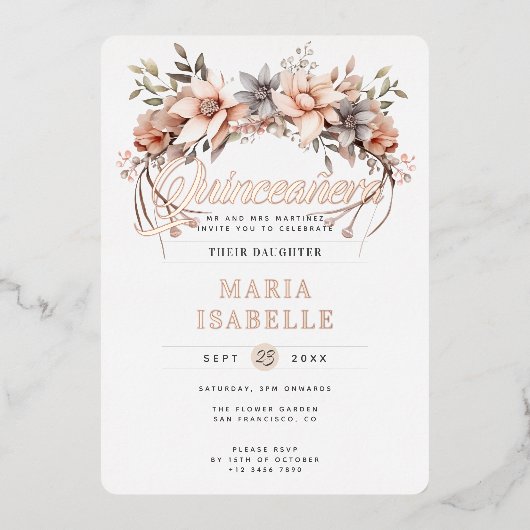 フローラエレガントクラウンキンセアニラパーティーバラ金ゴールド 箔招待状 (正面)