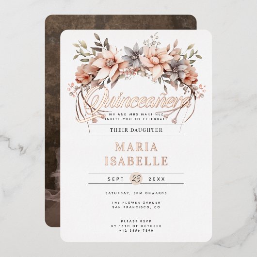 フローラエレガントクラウンキンセアニラパーティーバラ金ゴールド 箔招待状 (正面/裏面)