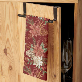 フローラエレガントクリスマスポインセチア濃い赤 キッチンタオル