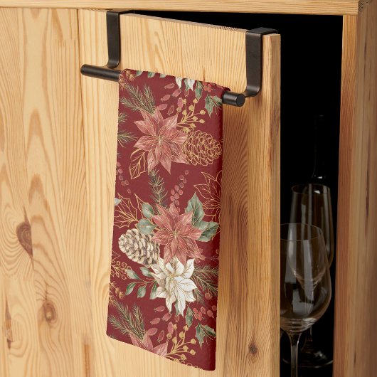 フローラエレガントクリスマスポインセチア濃い赤 キッチンタオル