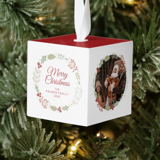 フローラエレガントクリスマスリース家族の写真 キューブオーナメント (ツリー)