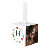 フローラエレガントクリスマスリース家族3写真 キューブオーナメント (正面アングル)