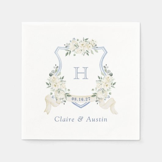 フローラエレガントクレストダスティブルー結婚ズモノグラム スタンダードカクテルナプキン (正面)