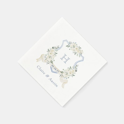 フローラエレガントクレストダスティブルー結婚ズモノグラム スタンダードカクテルナプキン (角)