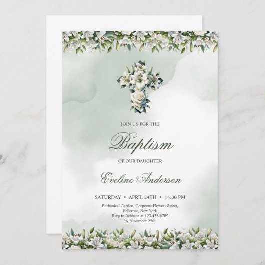 フローラエレガントクロスイリー&バラバプテスマ 招待状 (正面/裏面)