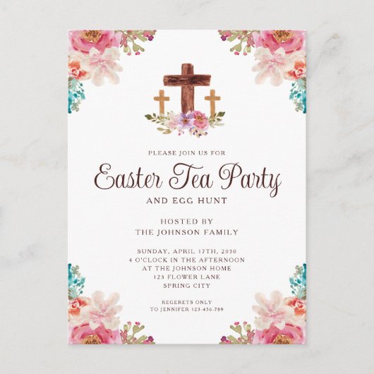 フローラエレガントクロス復活祭の茶パーティー インビテーションポストカード (正面)