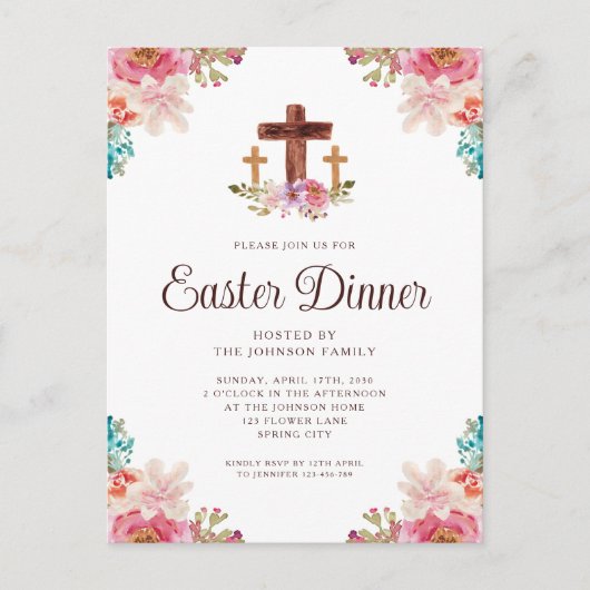 フローラエレガントクロス復活祭ディナー インビテーションポストカード (正面)
