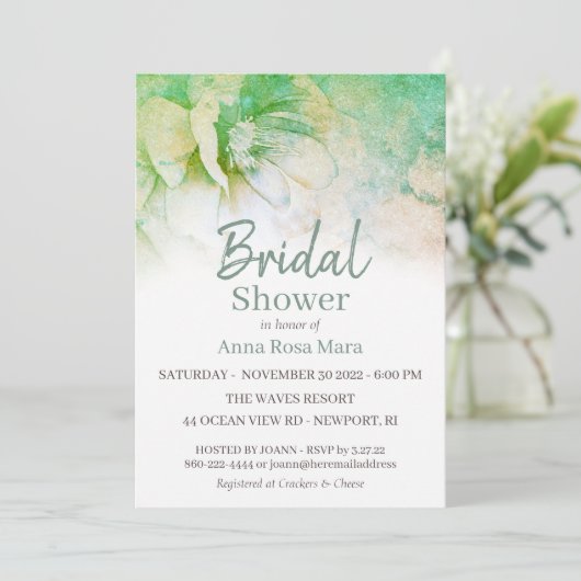 *~*フローラエレガントグリッターティール(緑がかった色)ピンクブライダルシャワー 招待状 (スタンド正面)