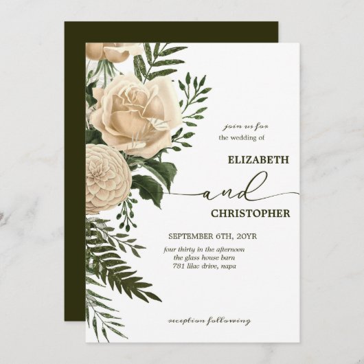 フローラエレガントグリーンとクリームブケ結婚ット 招待状 (正面/裏面)