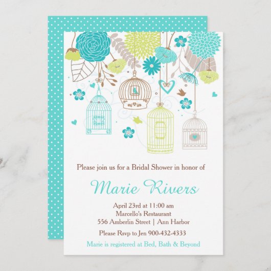 フローラエレガントグリーンとブルーのブライダルシャワー 招待状 (正面/裏面)