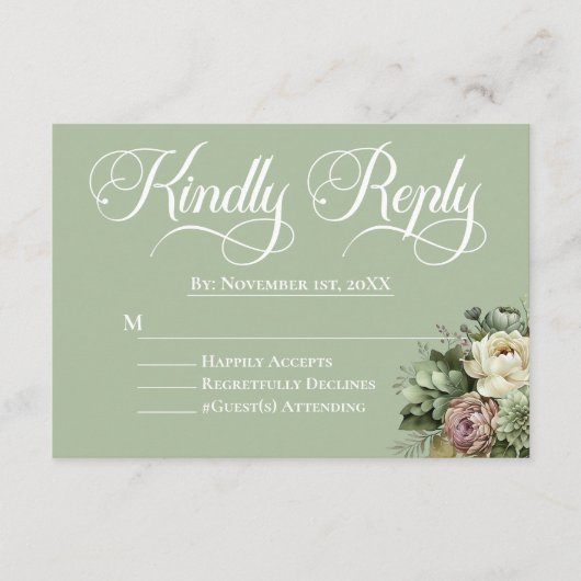フローラエレガントグリーンとホワイトウェディングRSVP エンクロージャーカード (正面)