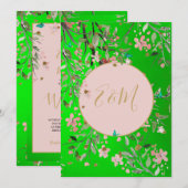 フローラエレガントグリーンピンク金ゴールドChinoiserie結婚の 招待状 (正面/裏面)