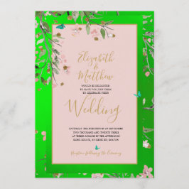 フローラエレガントグリーンピンク金ゴールドChinoiserie結婚の 招待状