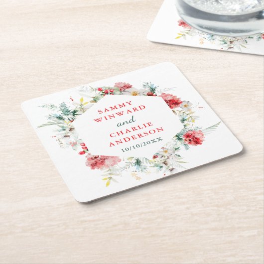 フローラエレガントグリーンリーウィンターウェディングスクエアパプ スクエアペーパーコースター (アングル)