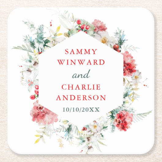 フローラエレガントグリーンリーウィンターウェディングスクエアパプ スクエアペーパーコースター (正面)