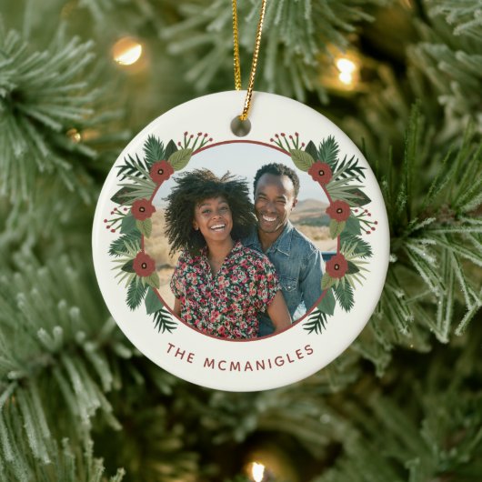 フローラエレガントグリーンリークリスマス2フォトファミリー セラミックオーナメント (ツリー)