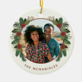 フローラエレガントグリーンリークリスマス2フォトファミリー セラミックオーナメント (正面)