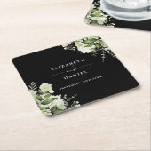 フローラエレガントグリーンリー白結婚黒 スクエアペーパーコースター (アングル)