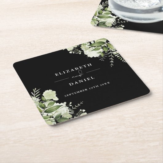 フローラエレガントグリーンリー白結婚黒 スクエアペーパーコースター (アングル)
