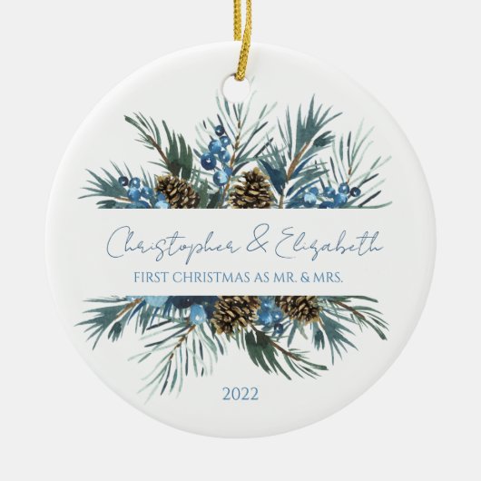 フローラエレガントグリーンリー1stクリスマス結婚した セラミックオーナメント (正面)