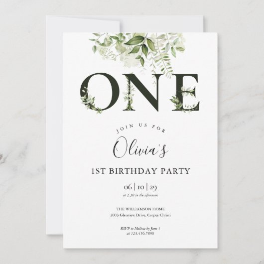 フローラエレガントグリーンリー1st誕生日の写真 招待状 (正面)