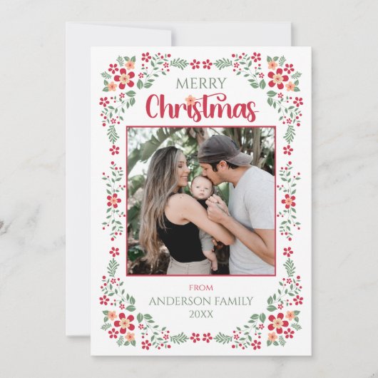 フローラエレガントグリーンワンフォトクリスマス シーズンカード (正面)