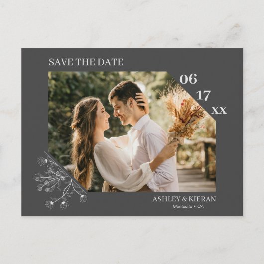 フローラエレガントグレー結婚式の日付の保存 ポストカード (正面)