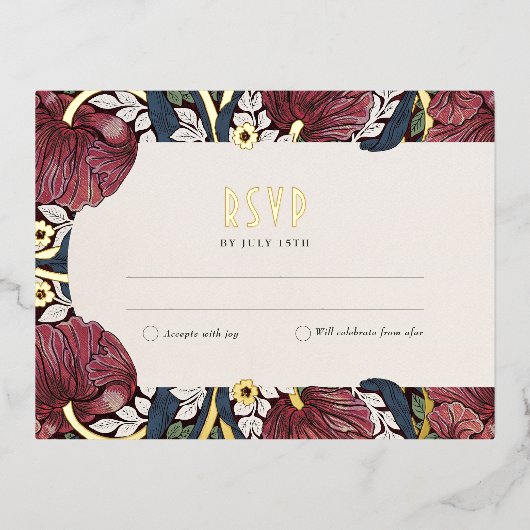 フローラエレガントゴールドフォイルウェディングRSVPカード 箔招待状ポストカード (正面)