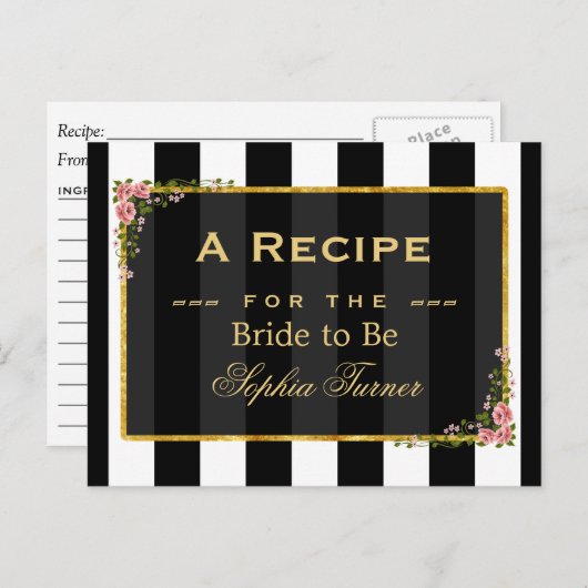 フローラエレガントゴールドフォイルブライダルシャワーレシピ ポストカード (正面/裏面)