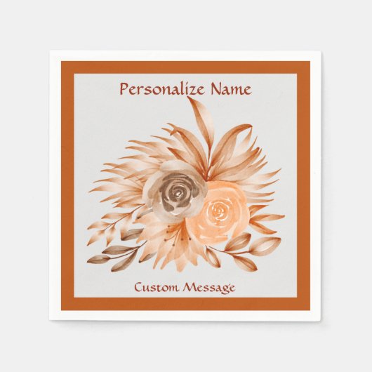 フローラエレガントシックコーラルウォーターカラーフラワー スタンダードカクテルナプキン (正面)