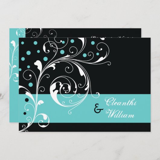 フローラエレガントスクロール葉黒アクア結婚ズ 招待状 (正面/裏面)