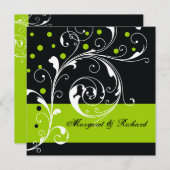 フローラエレガントスクロール葉黒緑結婚色 招待状 (正面/裏面)