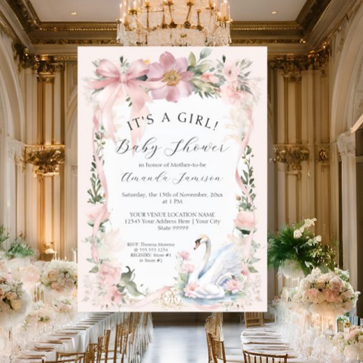 フローラエレガントスワン赤面ピンクリボンベビシャワーズ 招待状