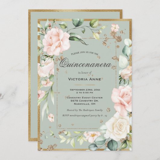 フローラエレガントセージグリーン金ゴールドキンセアニェラ 招待状 (正面/裏面)