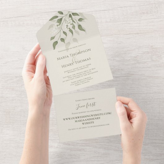 フローラエレガントセージ緑の葉 オールインワン招待状 (貼ってはがせる)