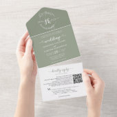 フローラエレガントセージ緑モノグラムQRコード結婚s オールインワン招待状 (貼ってはがせる)