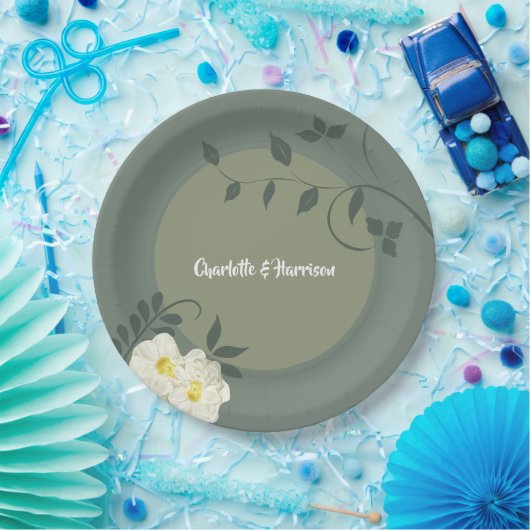 フローラエレガントセージ緑 ペーパープレート (パーティー)