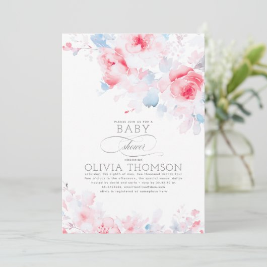 フローラエレガントソフトダスティブルーピンク赤ちゃんシャワー 招待状 (スタンド正面)