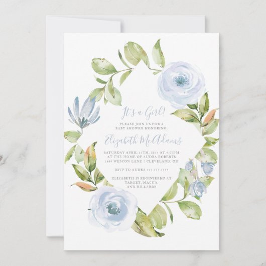 フローラエレガントダイヤモンドダスティブルーベビーシャワー 招待状 (正面)