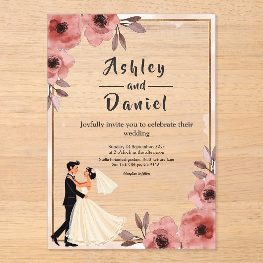 フローラエレガントダスティバラ新郎新婦結婚ズ アクリル招待状 (正面)