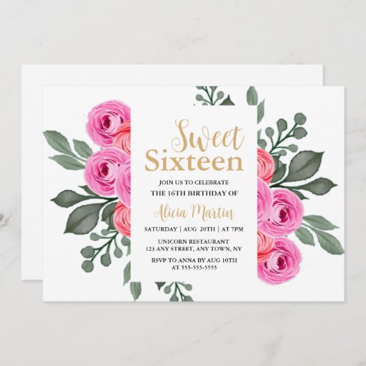 フローラエレガントダスティピンクローズ金ゴールドスウィート16 招待状 (正面/裏面)