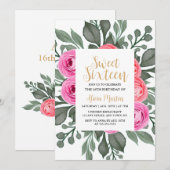 フローラエレガントダスティピンクローズ金ゴールドSweet sixteen 招待状 (正面/裏面)